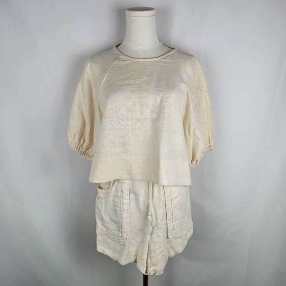 House Of Harlow 1960 Linen Blend Puff Sleeve Top & Shorts Set Size Small Ivory - Picture 4 of 14